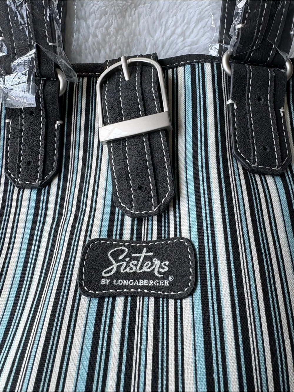 Longaberger Sisters Striped Black, White and Blue Tote Satchel